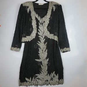 Moonlite New York Black Beaded Sequin Formal Evening Jacket Dress Set XL